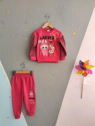 1682- Kolları Leoparlı Karakter Baskılı Kız Çocuk Takım - Fuşya