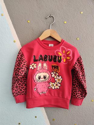 1682- Kolları Leoparlı Karakter Baskılı Kız Çocuk Takım - Fuşya