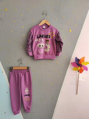 1682- Kolları Leoparlı Karakter Baskılı Kız Çocuk Takım - Lila