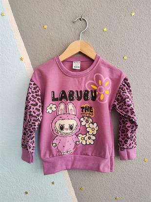 1682- Kolları Leoparlı Karakter Baskılı Kız Çocuk Takım - Lila