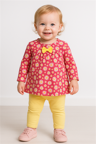 1687 - Fiyonklu Taytlı Kız Takım - Büyük Çiçekli - Pembe - Sarı