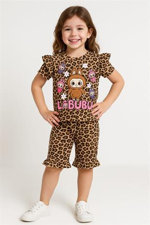 1688 - Fırfırlı Karakter Baskılı Kız Çocuk Takımı - Leopar