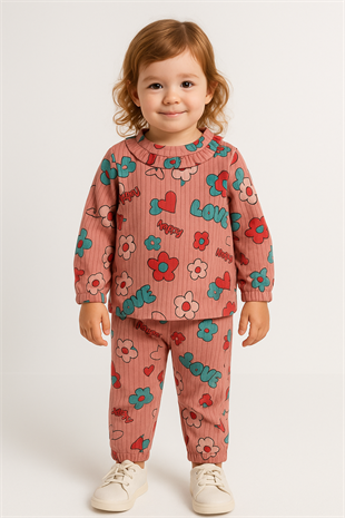 1689 -  Love Baskılı Mevsimlik Kız Çocuk Takım - Gül Kurusu