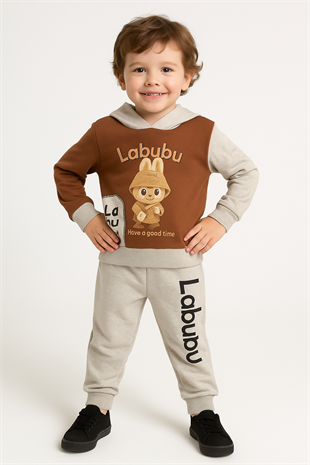 1699 - Kapüşonlu Karakter Baskılı Erkek Çocuk Takım - Kahve