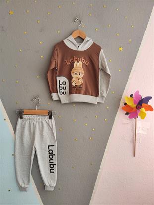 1699 - Kapüşonlu Karakter Baskılı Erkek Çocuk Takım - Kahve