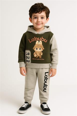 1699 - Kapüşonlu Karakter Baskılı Erkek Çocuk Takım - Haki