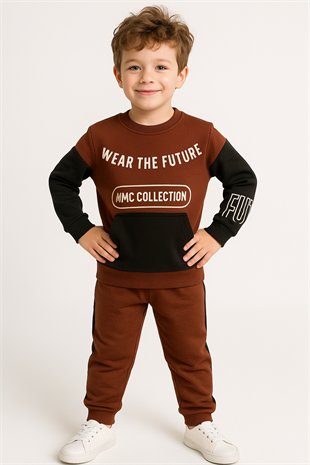 1700 - Wear The Future Baskılı Erkek Çocuk Takım - Acı Kahve