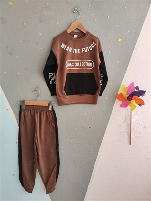 1700 - Wear The Future Baskılı Erkek Çocuk Takım - Koyu Kahve