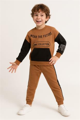 1700 - Wear The Future Baskılı Erkek Çocuk Takım - Kahve