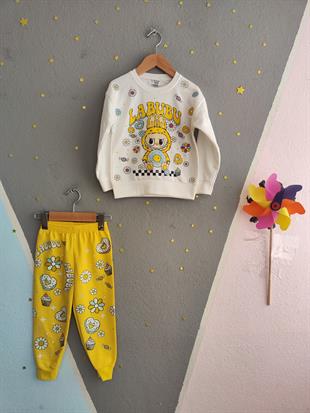 1701-Papatya Desenli Karakter Baskılı Kız Çocuk Takımı - Sarı