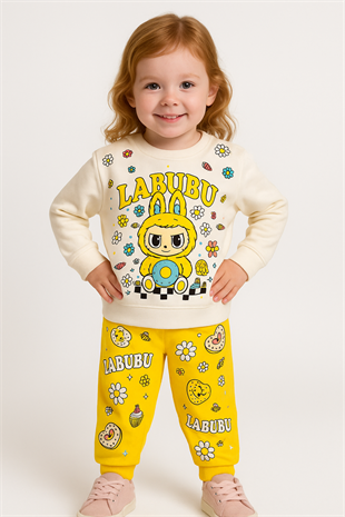 1701-Papatya Desenli Karakter Baskılı Kız Çocuk Takımı - Sarı