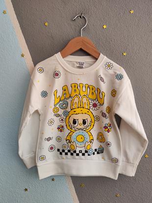 1701-Papatya Desenli Karakter Baskılı Kız Çocuk Takımı - Sarı