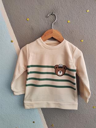 1714 - Bear Baskılı Çizgili Aylık Erkek Bebek Takım - Mint Yeşili