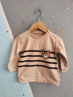 1714 - Bear Baskılı Çizgili Aylık Erkek Bebek Takım - Bej- Lacivert