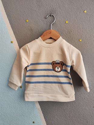 1714 - Bear Baskılı Çizgili Aylık Erkek Bebek Takım - Saks