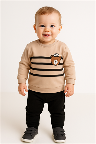 1714 - Bear Baskılı Çizgili Aylık Erkek Bebek Takım - Bej- Lacivert