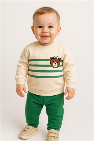1714 - Bear Baskılı Çizgili Aylık Erkek Bebek Takım - Yeşil