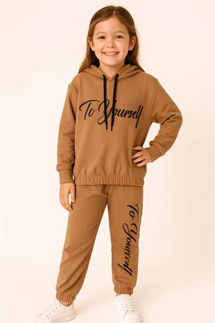 1725 - To Yourself Baskılı Kapüşonlu Kız Takım - Kahve