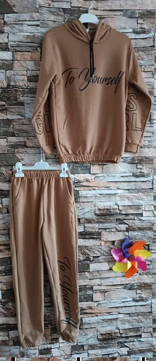 1725 - To Yourself Baskılı Kapüşonlu Kız Takım - Kahve