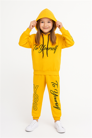 1725 - To Yourself Baskılı Kapüşonlu Kız Takım - Sarı