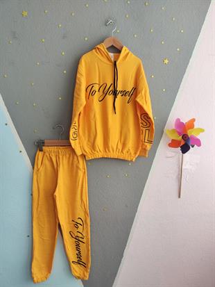 1725 - To Yourself Baskılı Kapüşonlu Kız Takım - Sarı