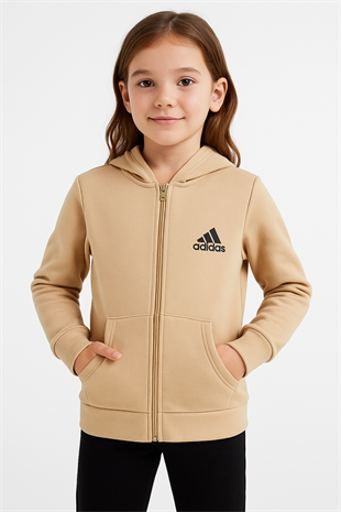 1755 - Ads Baskılı Kapüşonlu Üç İp Unisex Çocuk Hırkası - Bej