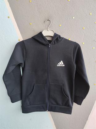 1755 - Ads Baskılı Kapüşonlu Üç İp Unisex Çocuk Hırkası - Lacivert