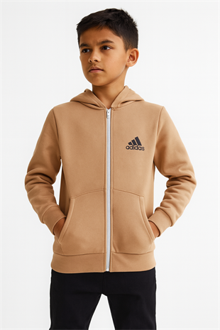 1755 - Ads Baskılı Kapüşonlu Üç İp Unisex Çocuk Hırkası - Bej