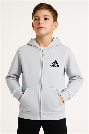 1755 - Ads Baskılı Kapüşonlu Üç İp Unisex Çocuk Hırkası - Buz Mavisi