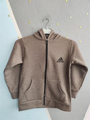 1755 - Ads Baskılı Kapüşonlu Üç İp Unisex Çocuk Hırkası - Kahve