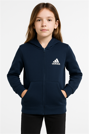1755 - Ads Baskılı Kapüşonlu Üç İp Unisex Çocuk Hırkası - Lacivert