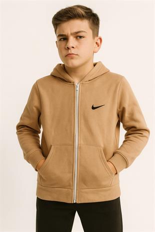 1756 - NK Baskılı Kapüşonlu Üç İp Unisex Çocuk Hırkası - Bej