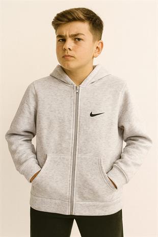 1756 - NK Baskılı Kapüşonlu Üç İp Unisex Çocuk Hırkası - Gri