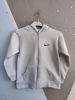 1756 - NK Baskılı Kapüşonlu Üç İp Unisex Çocuk Hırkası - Buz Mavisi