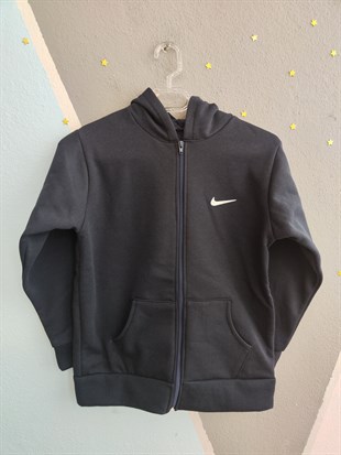 1756 - NK Baskılı Kapüşonlu Üç İp Unisex Çocuk Hırkası - Lacivert 