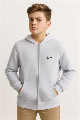 1756 - NK Baskılı Kapüşonlu Üç İp Unisex Çocuk Hırkası - Buz Mavisi