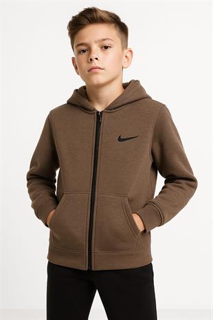 1756 - NK Baskılı Kapüşonlu Üç İp Unisex Çocuk Hırkası - Kahve