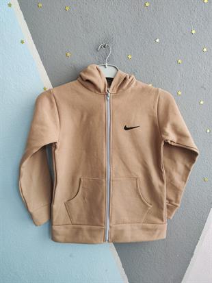 1756 - NK Baskılı Kapüşonlu Üç İp Unisex Çocuk Hırkası - Bej