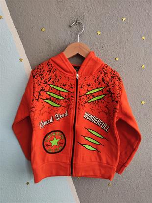 1759- Wonderfull Baskılı Kapüşonlu Erkek  Çocuk Hırkası - Turuncu