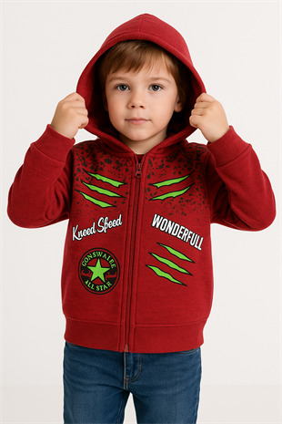 1759- Wonderfull Baskılı Kapüşonlu Erkek  Çocuk Hırkası - Kırmızı