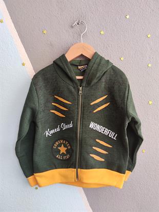 1759- Wonderfull Baskılı Kapüşonlu Erkek  Çocuk Hırkası - Haki