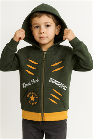 1759- Wonderfull Baskılı Kapüşonlu Erkek  Çocuk Hırkası - Haki