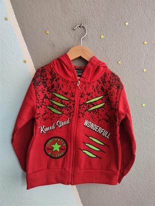 1759- Wonderfull Baskılı Kapüşonlu Erkek  Çocuk Hırkası - Kırmızı