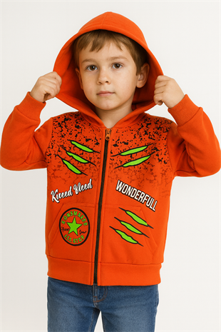 1759- Wonderfull Baskılı Kapüşonlu Erkek  Çocuk Hırkası - Turuncu