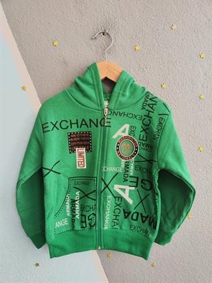 1762- Exchane Baskılı Kapüşonlu Erkek  Çocuk Hırkası - Yeşil