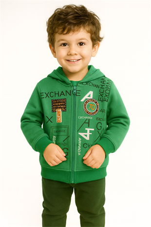 1762- Exchane Baskılı Kapüşonlu Erkek  Çocuk Hırkası - Yeşil