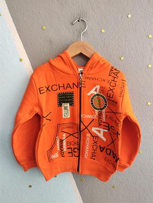 1762- Exchane Baskılı Kapüşonlu Erkek  Çocuk Hırkası - Turuncu