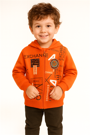 1762- Exchane Baskılı Kapüşonlu Erkek  Çocuk Hırkası - Turuncu