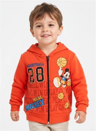 1762- Karakter Baskılı Kapüşonlu Erkek  Çocuk Hırkası -Turuncu