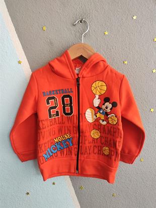 1762- Karakter Baskılı Kapüşonlu Erkek  Çocuk Hırkası -Turuncu